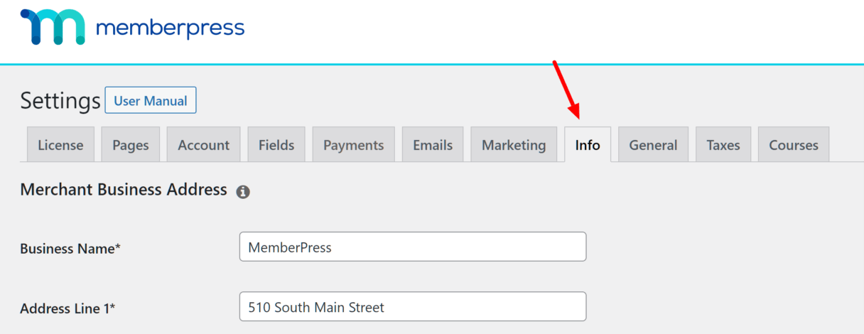MemberPress Settings Info tab