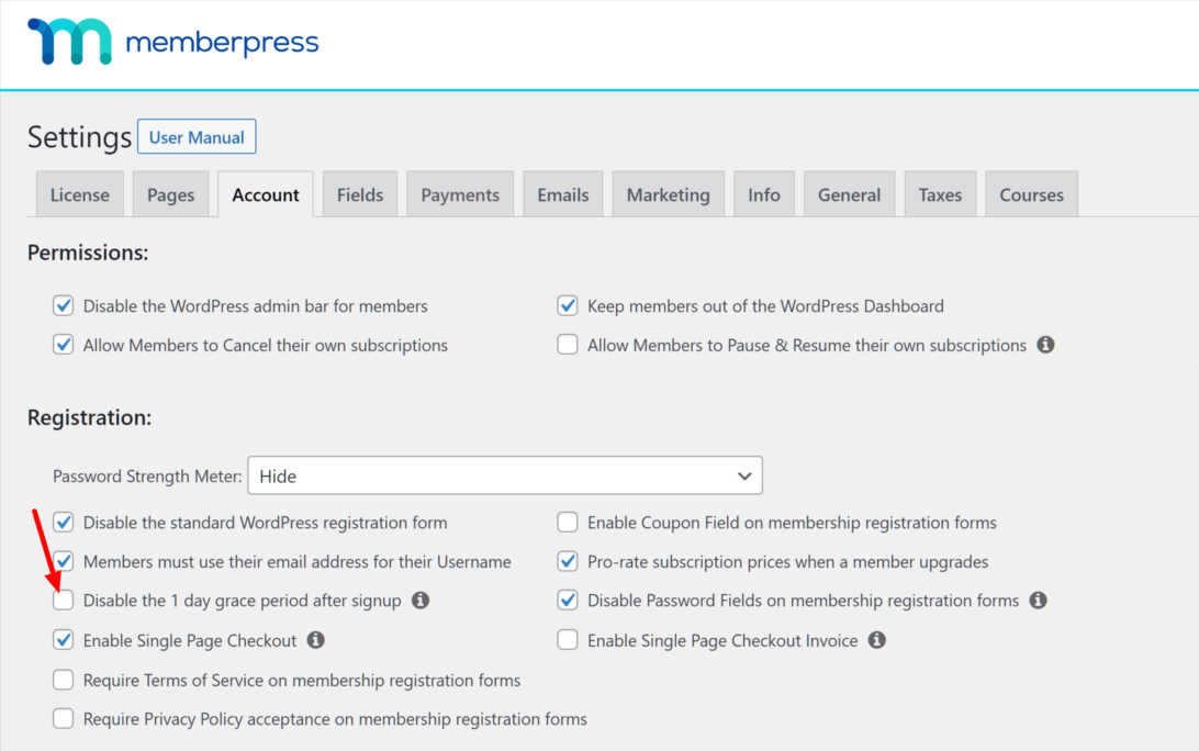 MemberPress grace period settings