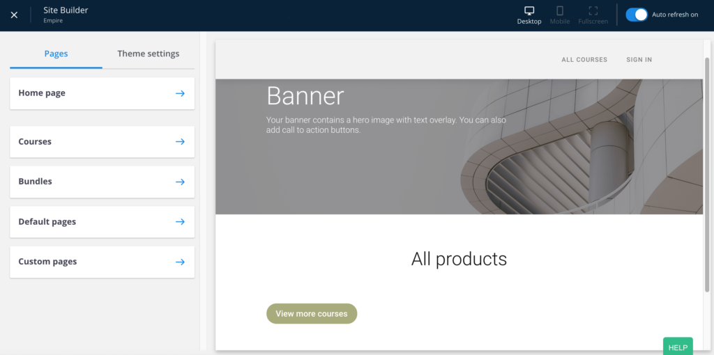 The Thinkific website builder.