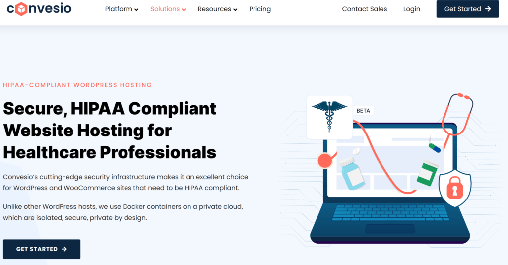 Convesio HIPAA web hosting homepage screenshot