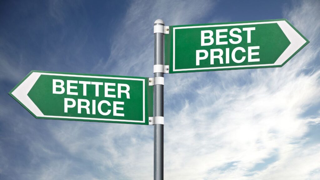 Two road signs pointing towards two opposite directions. The one on the right says "Best Price" while the other on the left says "Better Price".