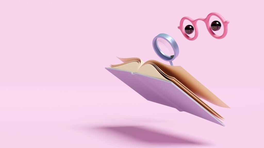 3d cartoon character with open book, magnifying glass, glasses,