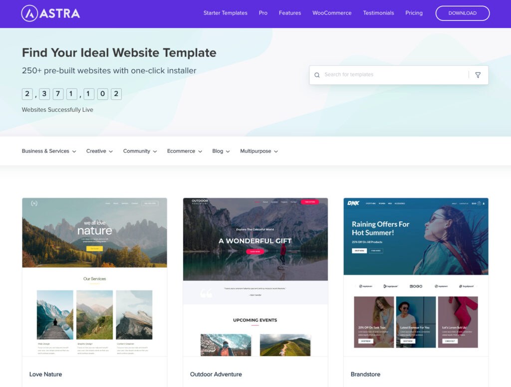 Astra template selection page