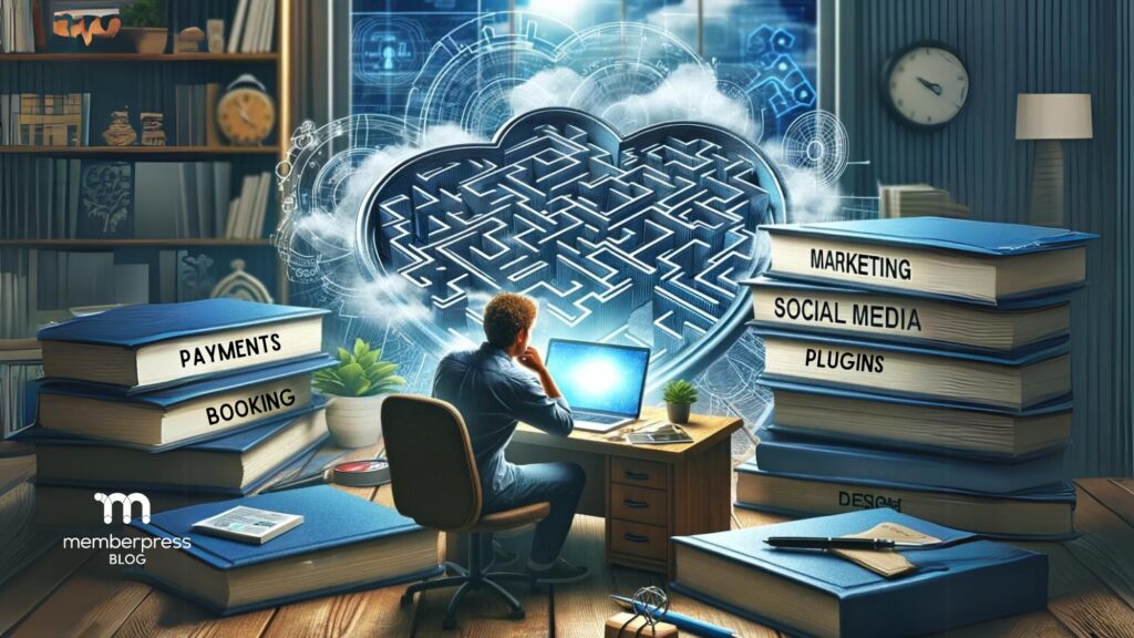 Online coach at computer overwhelmed by all the components involved in starting a business