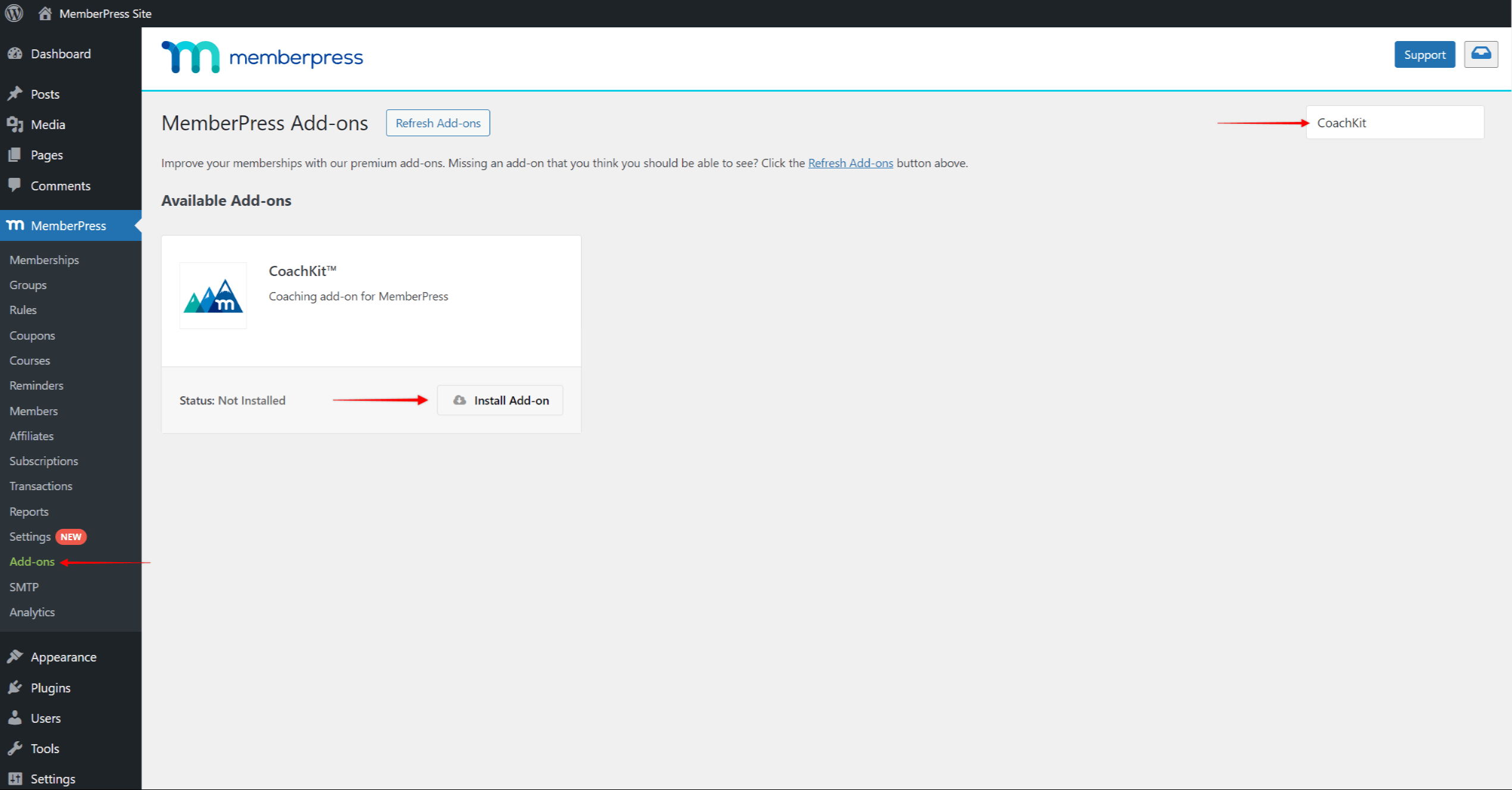 MemberPress CoachKit add-on activation