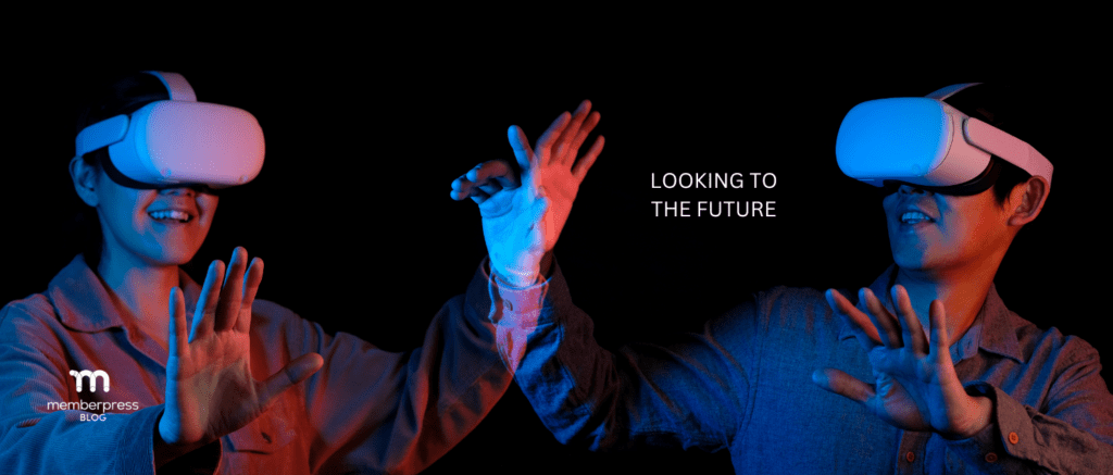 Looking to the future text overlay on image of a man and woman wearing VR goggles