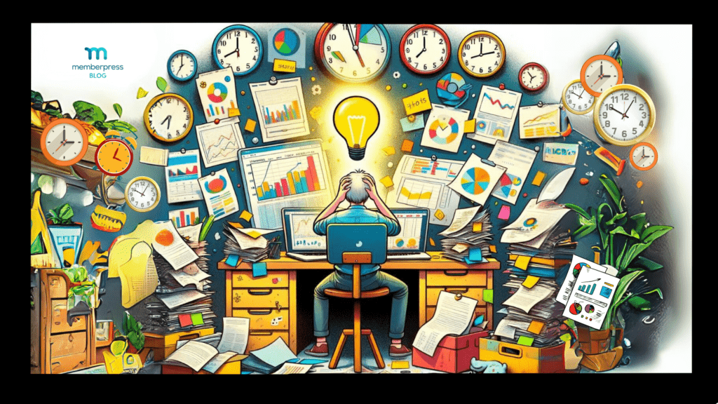 Man surrounded by a mess of clocks, charts, and documents, illustrating the concept of analysis paralysis