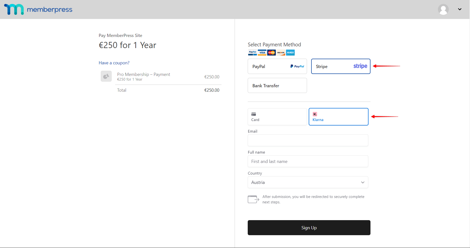 Klarna on MemberPress Registration Form