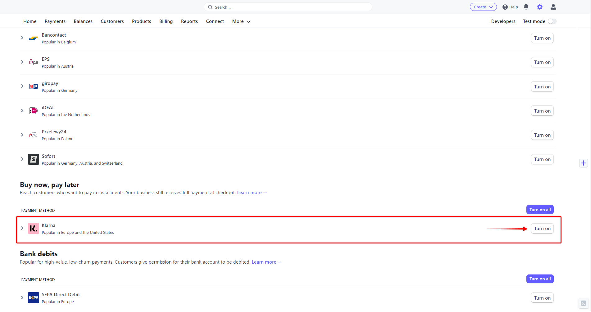 Enable Kalrna in Stripe