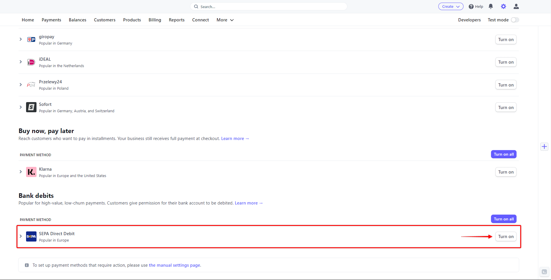 Enable SEPA in Stripe
