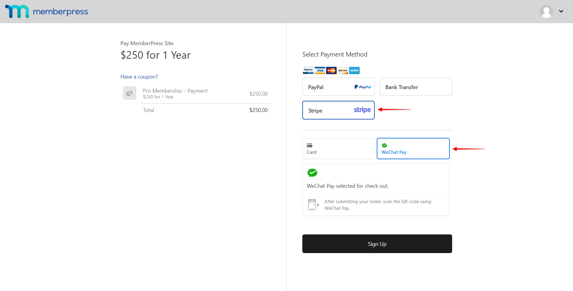 WeChat Pay on MemberPress Registration Form