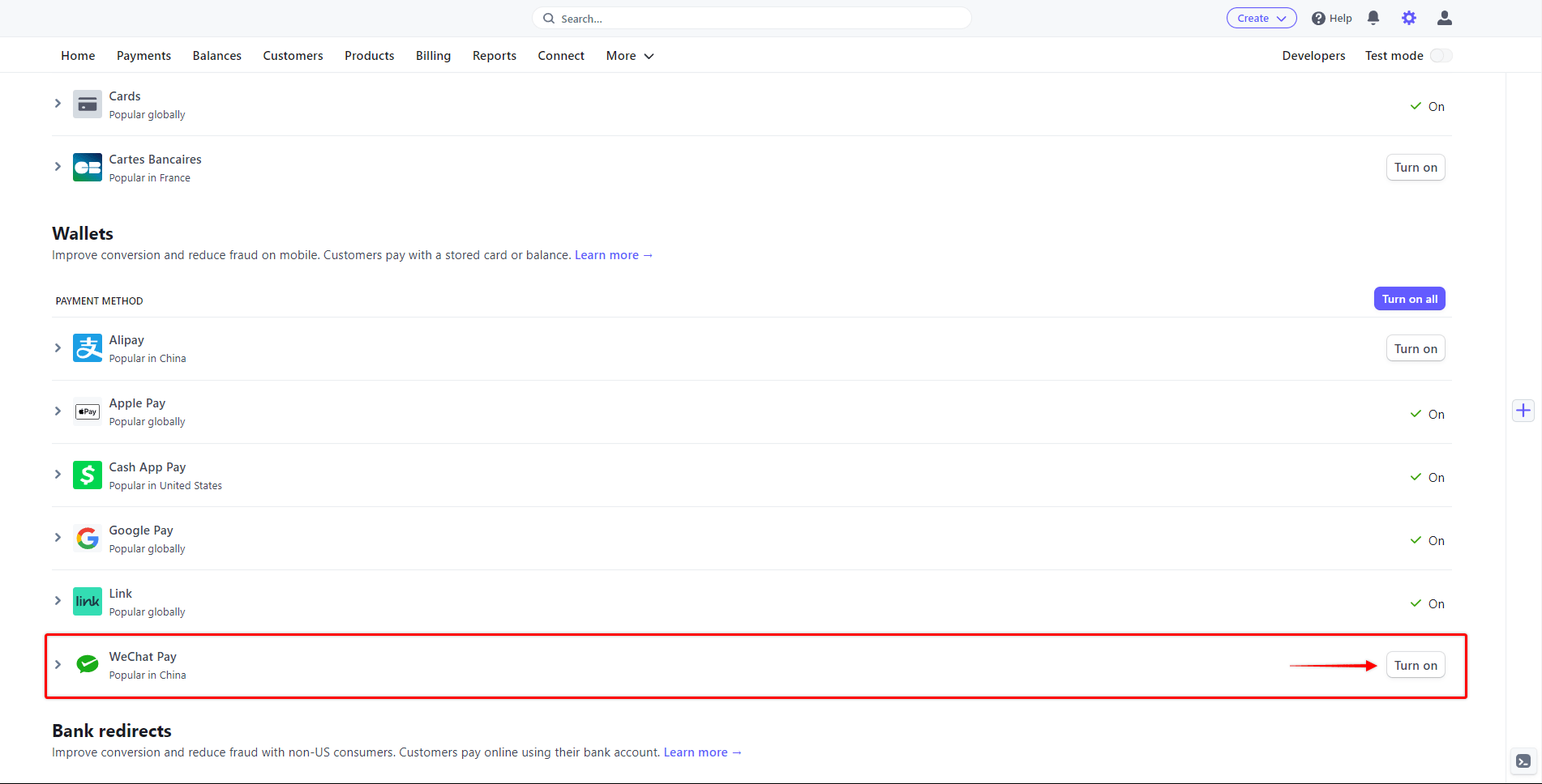 Enable WeChat Pay in Stripe