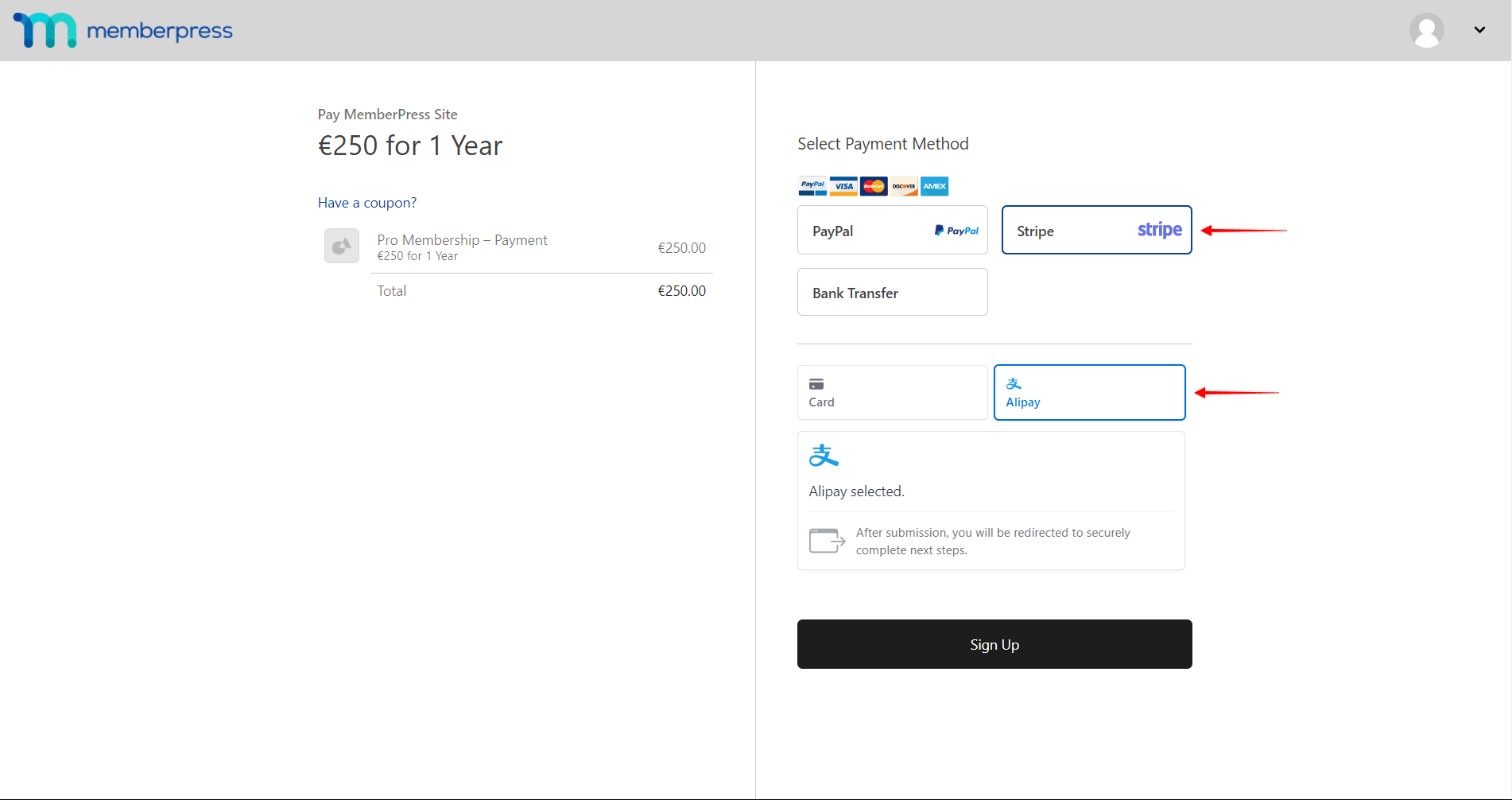 Alipay on MemberPress Registration Form