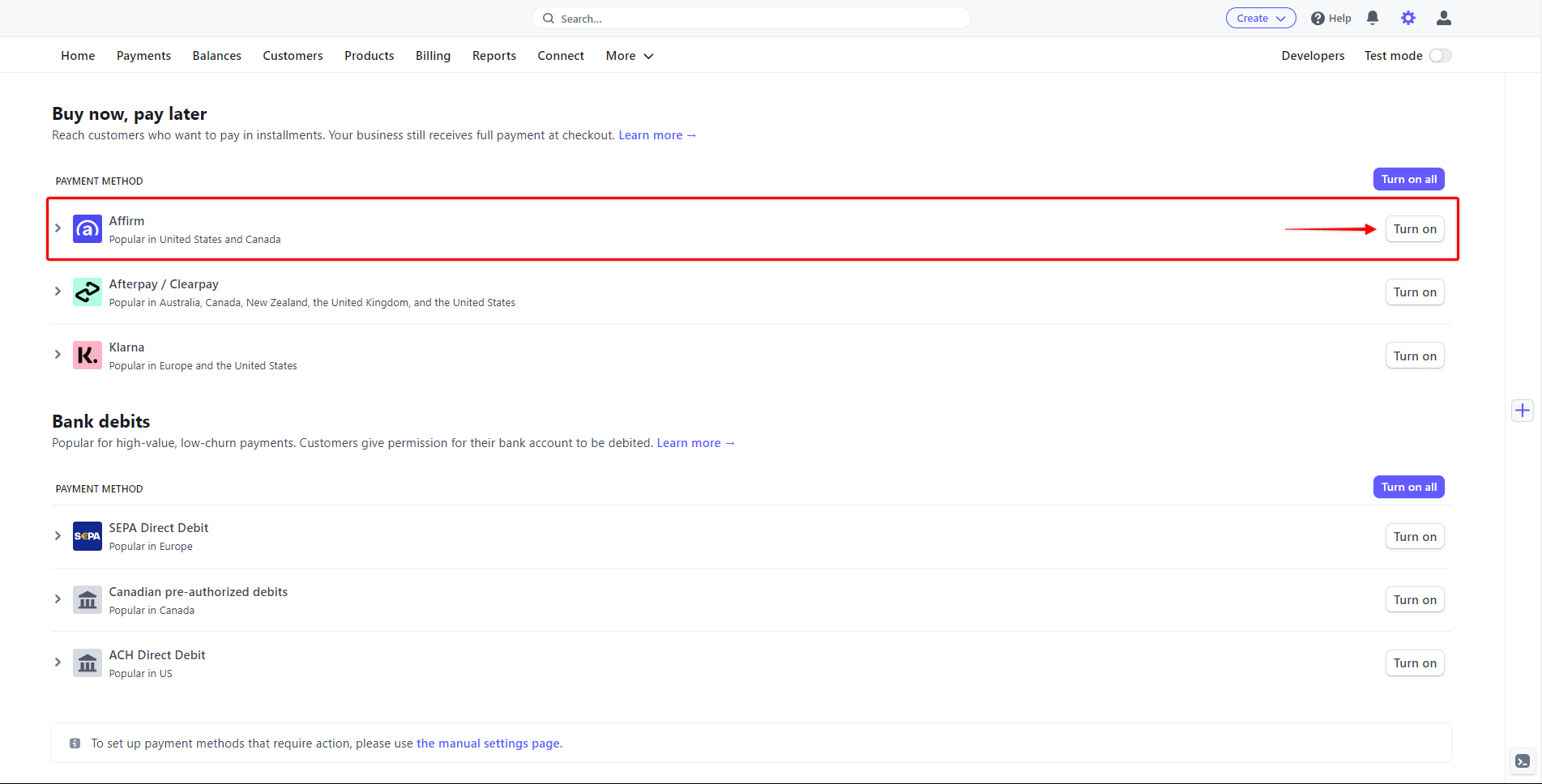 Enable Affirm in Stripe