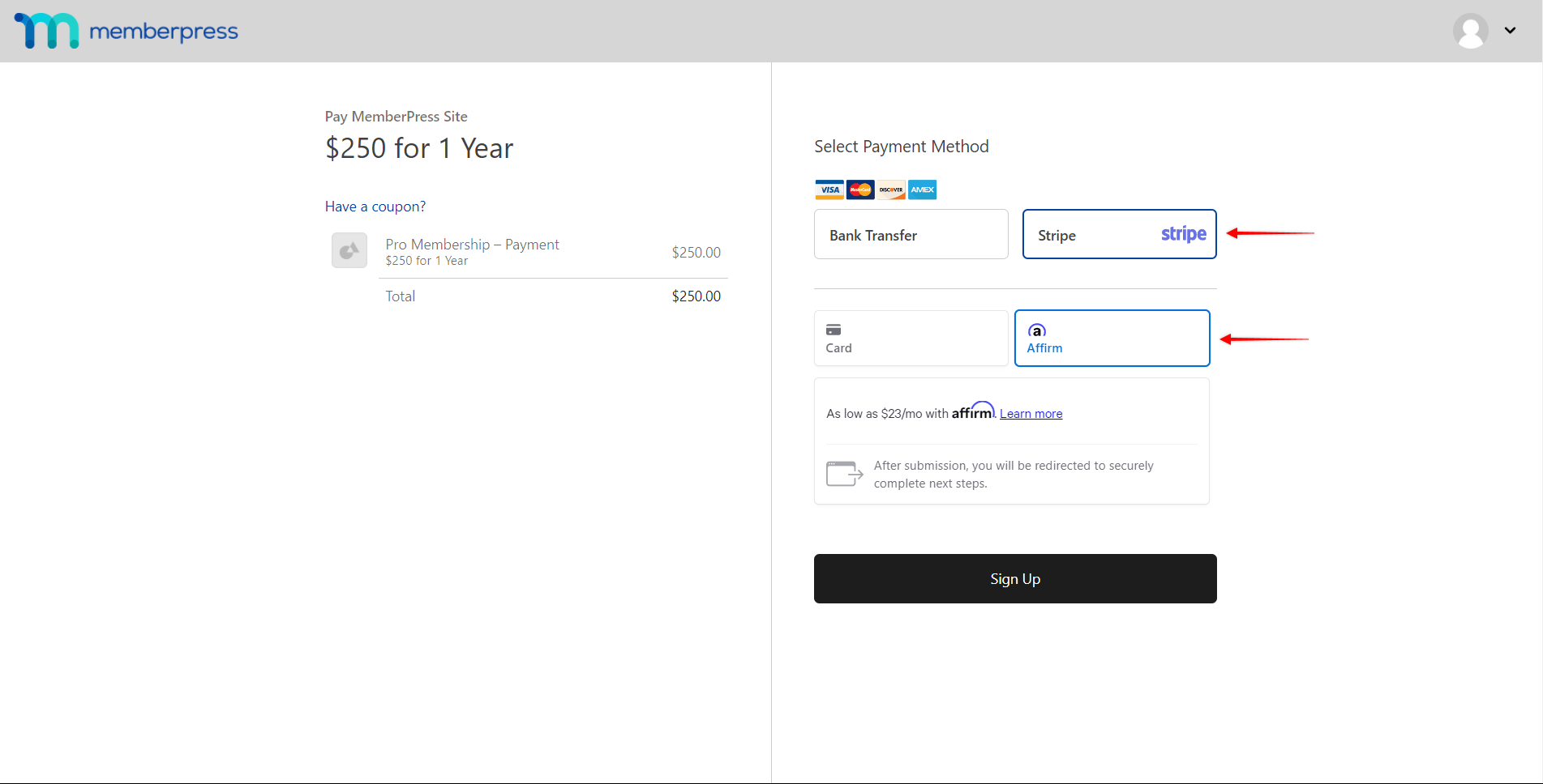 Affirm on MemberPress Registration Form
