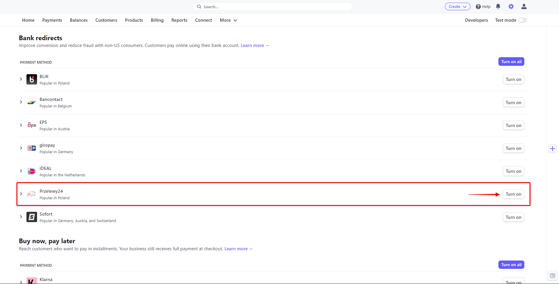 Enable Przelewy24 in Stripe