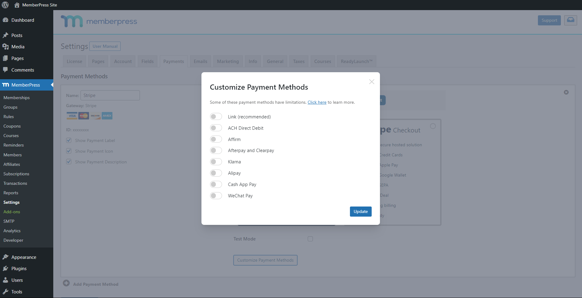 Customize Stripe Payment Methods in MemberPress