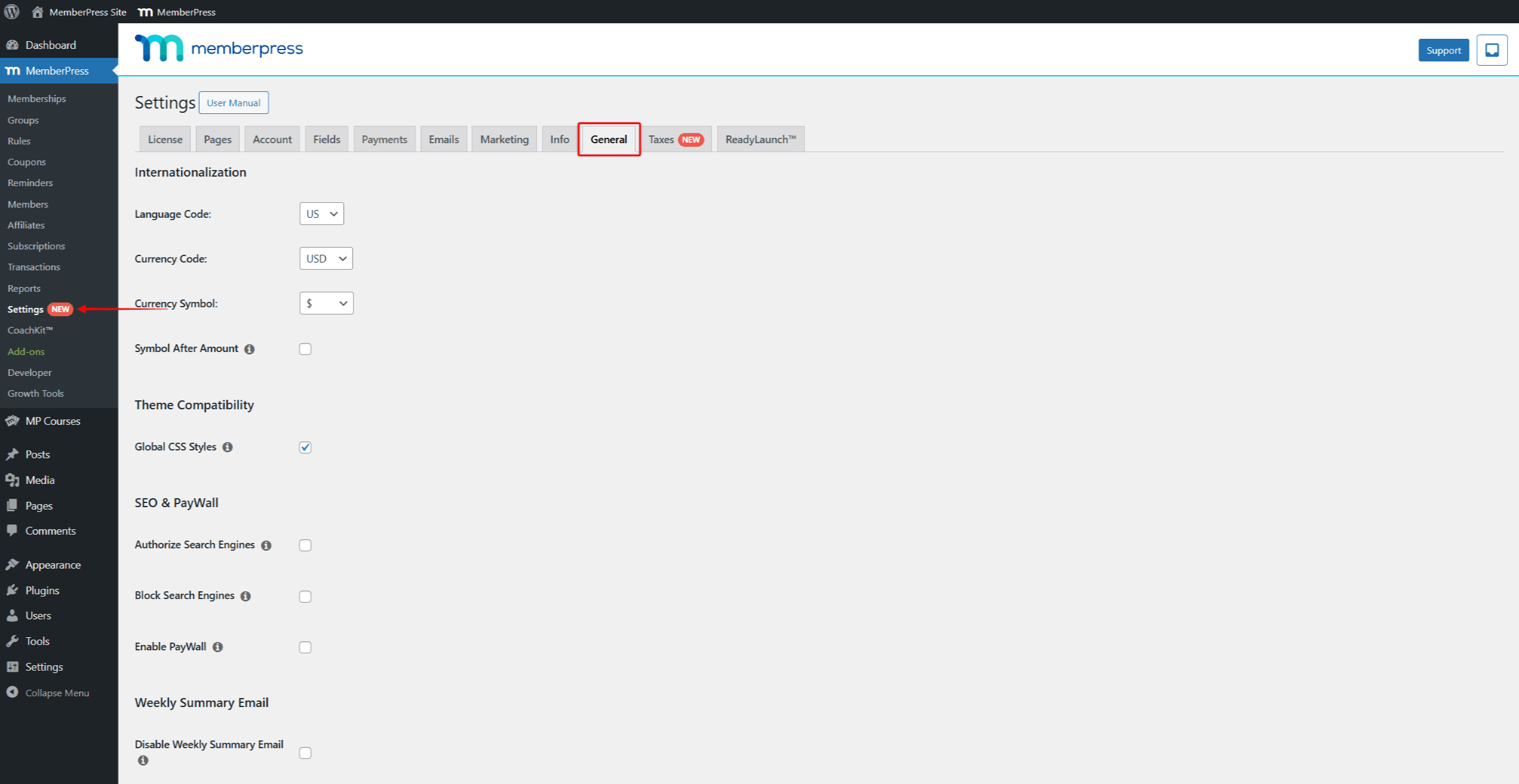 MemberPress General tab