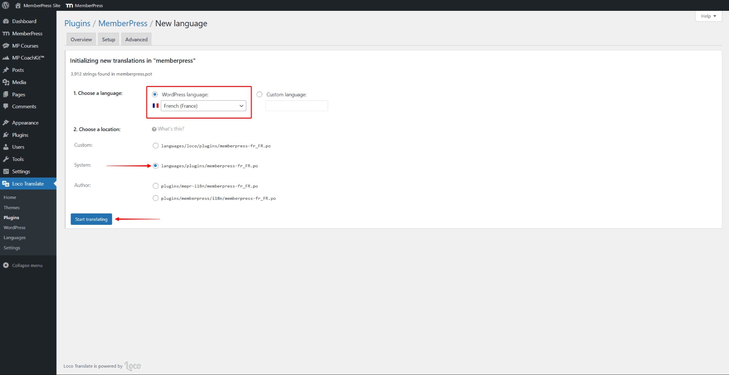 Tranlsation settings