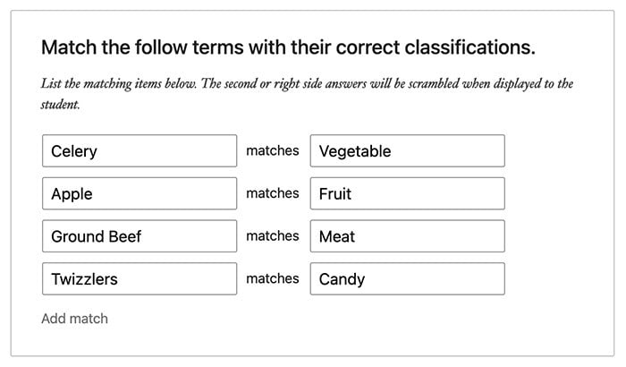 Match Matrix question in the quiz builder.