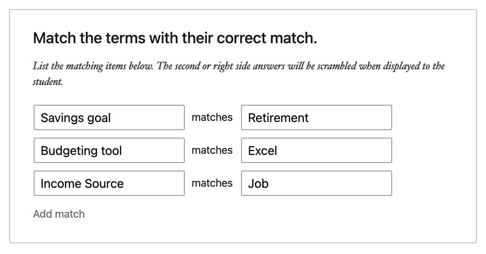 Match Matrix question on the quiz builder.