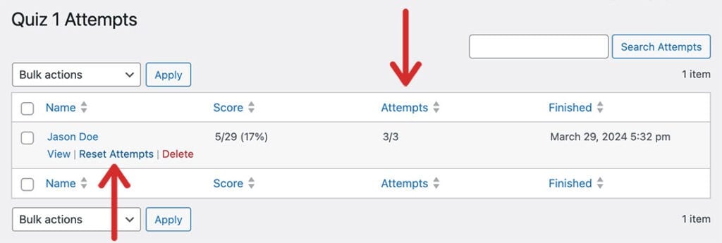 Quiz attempts for a site admin.
