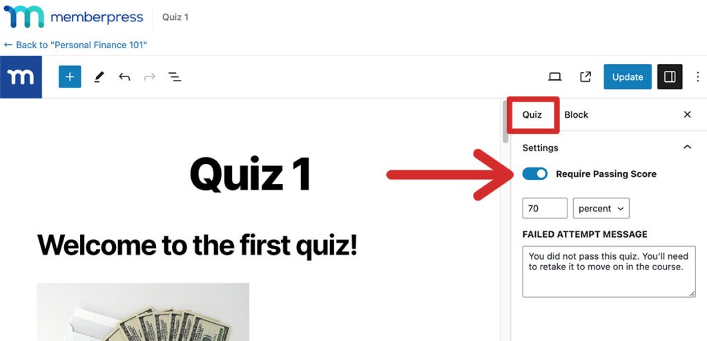 How to enable Require Passing Score on a MemberPress course quiz.