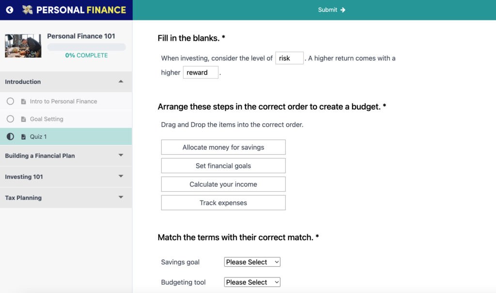 Sample quiz about personal finance. MemberPress Courses Quiz.