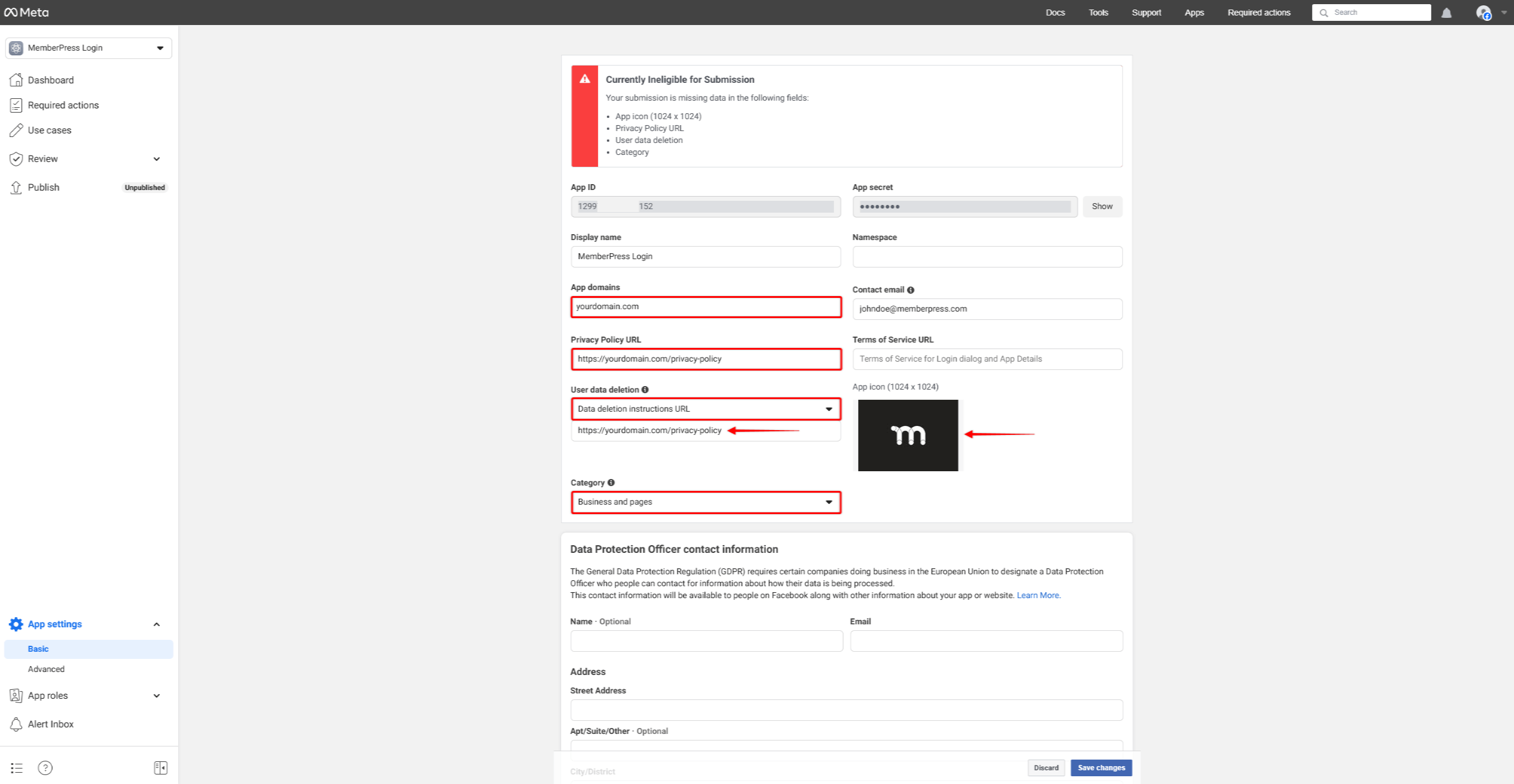 Required Facebook App Basic Settings