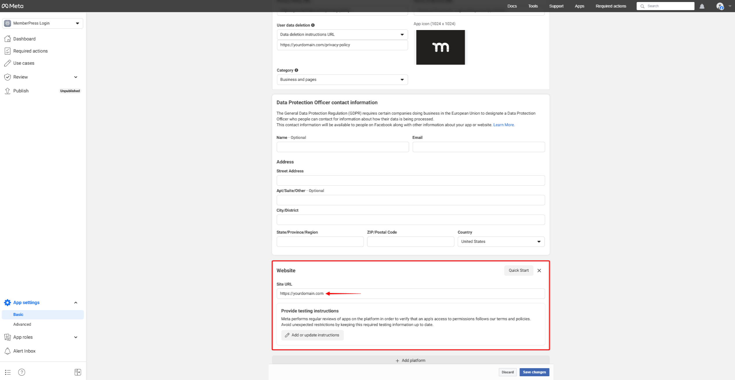 Facebook App Site URL