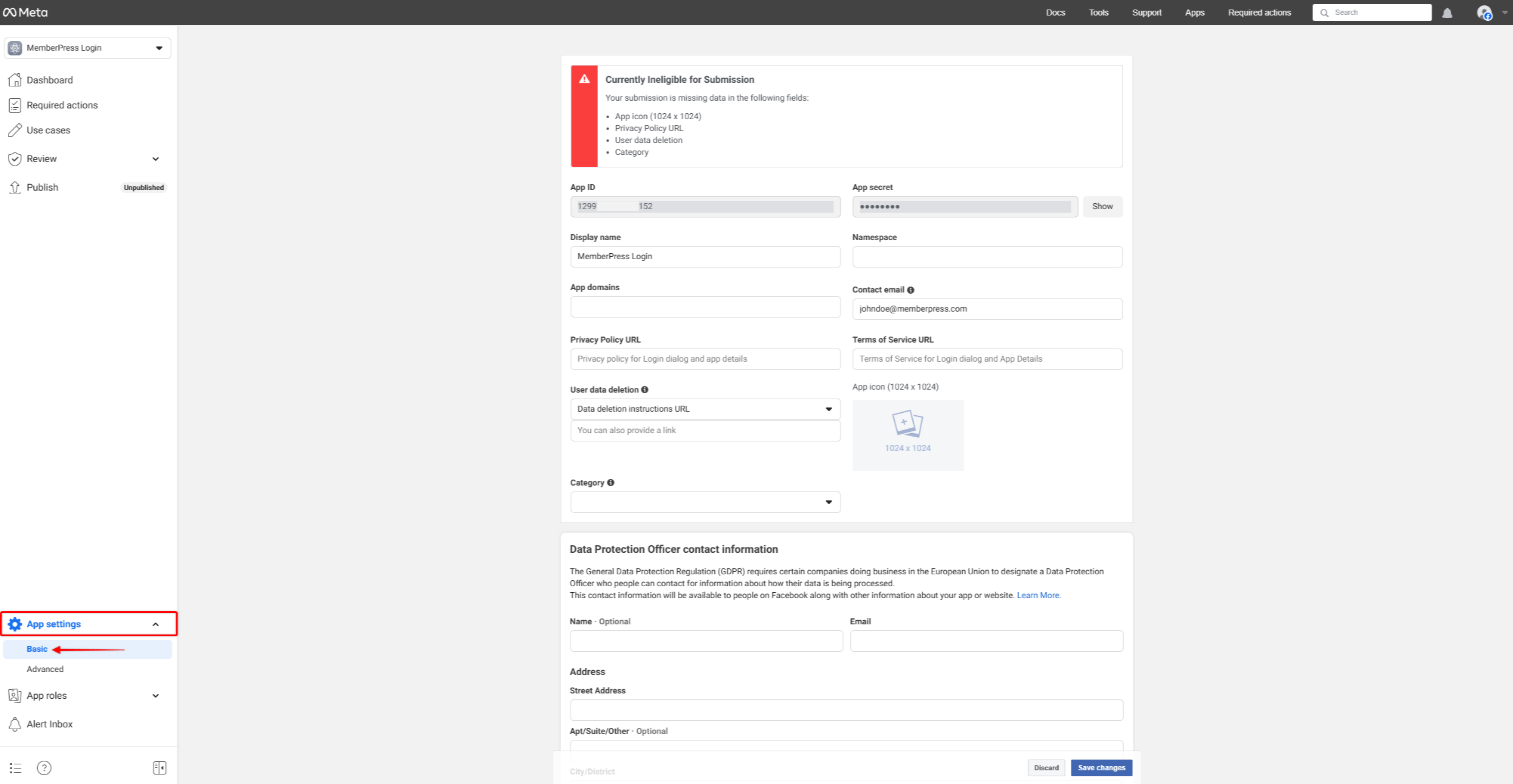 Facebook App Settings