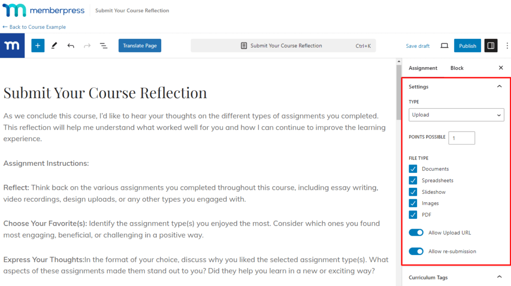 MemberPress Courses Assignments customization options