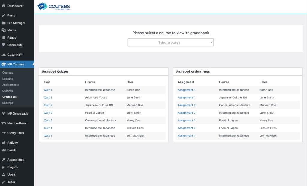 Every course on your site is equipped with its own Gradebook to house completes quizzes and assignments