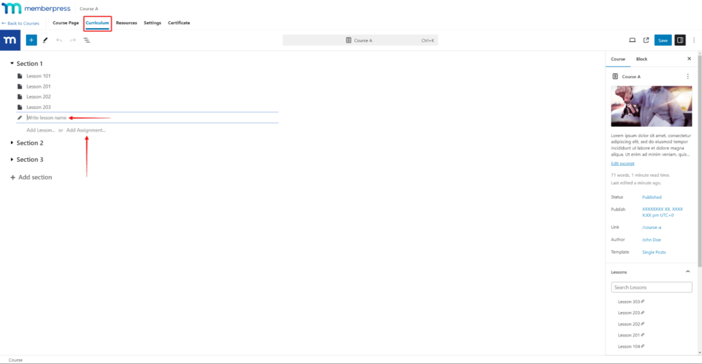 Add a new assignment in the MemberPress Courses Curriculum builder
