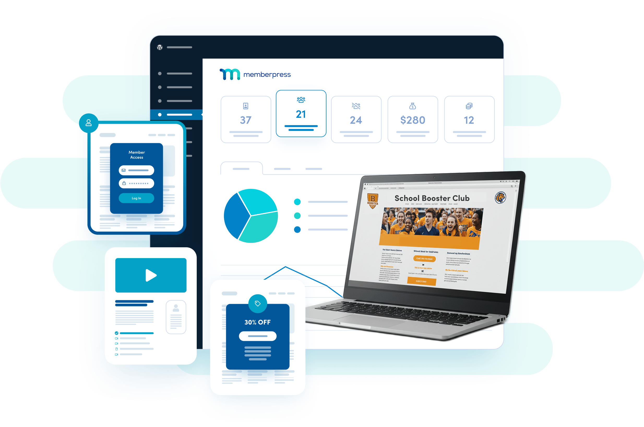 A laptop screen showing a school booster website with membership tiers for MemberPress.