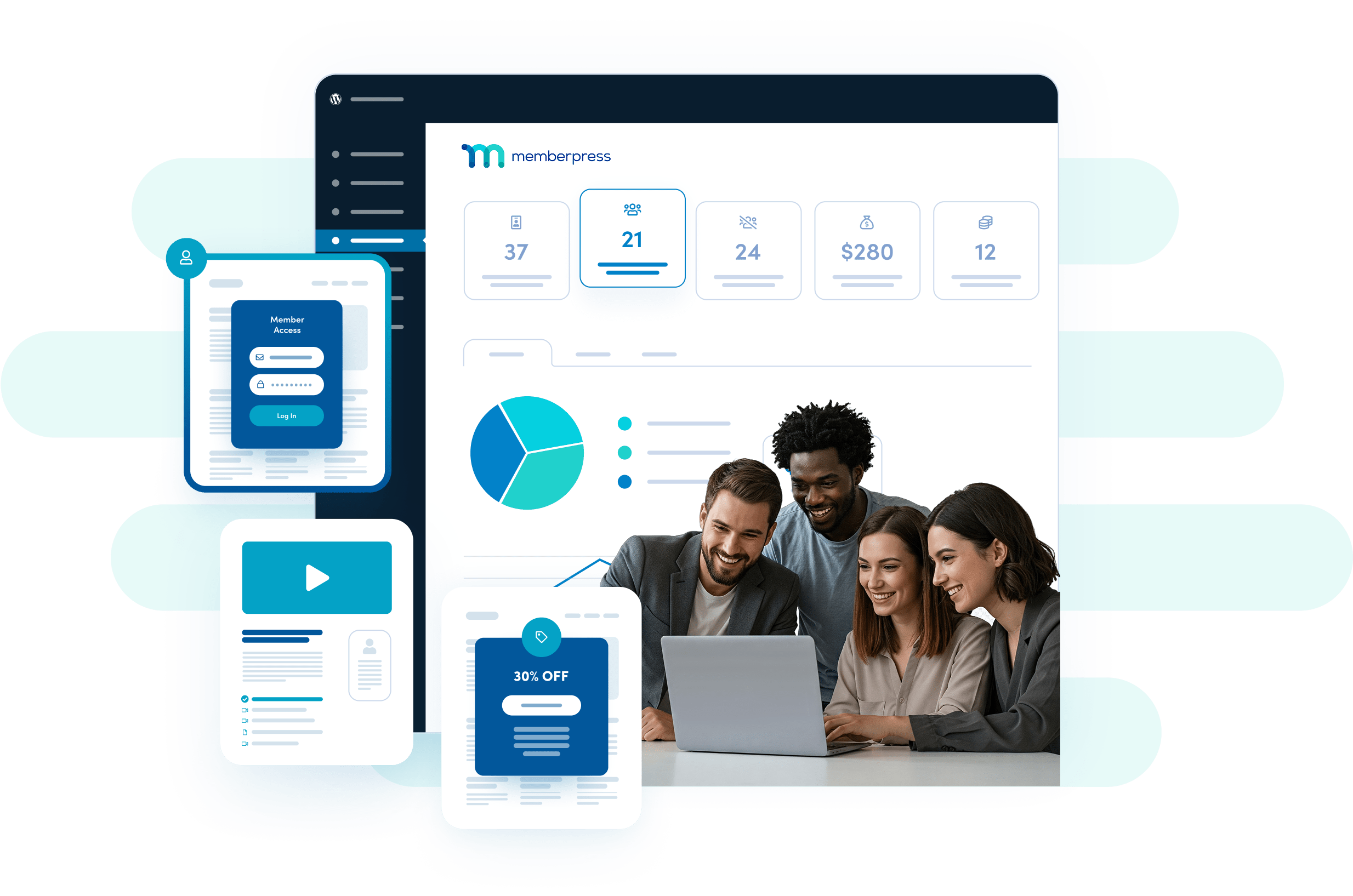 Image of a smiling nonprofit team looking at a laptop with donation data for MemberPress site.