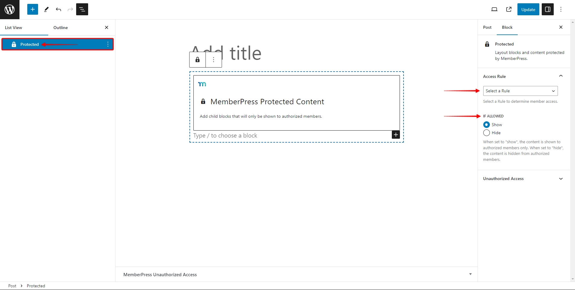 Protected Content Block Settings