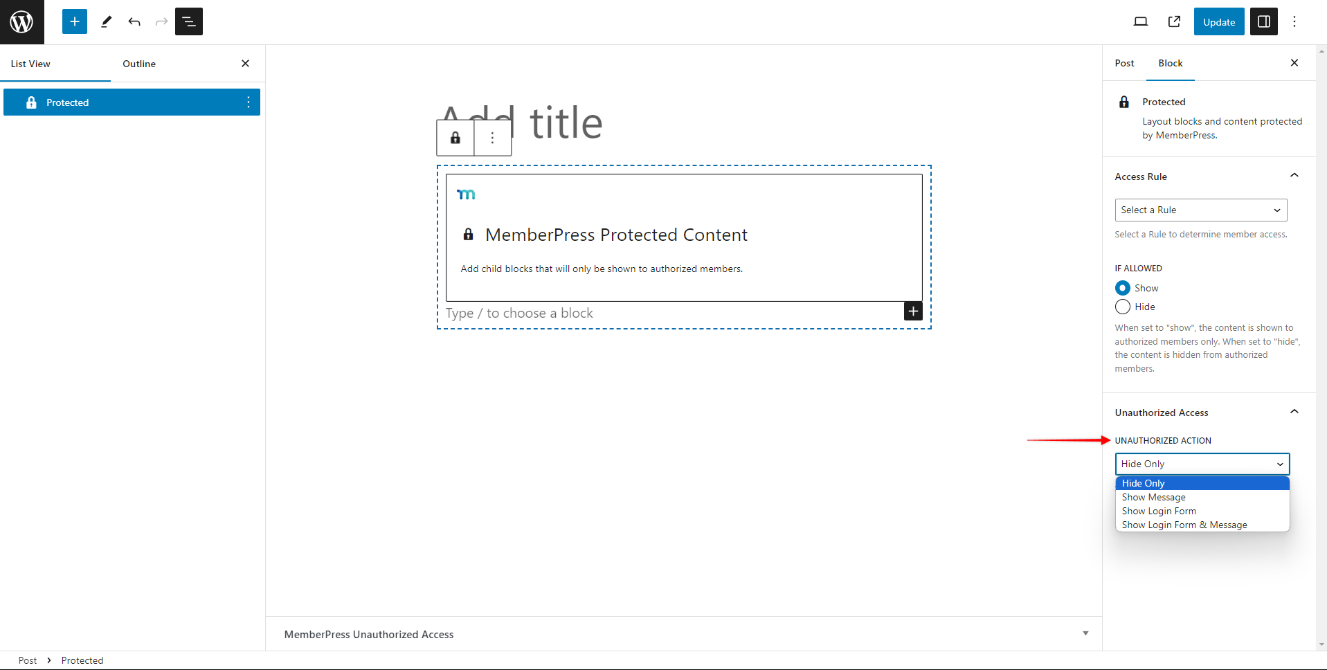 Protected Content Block - Unauthorized Access Settings