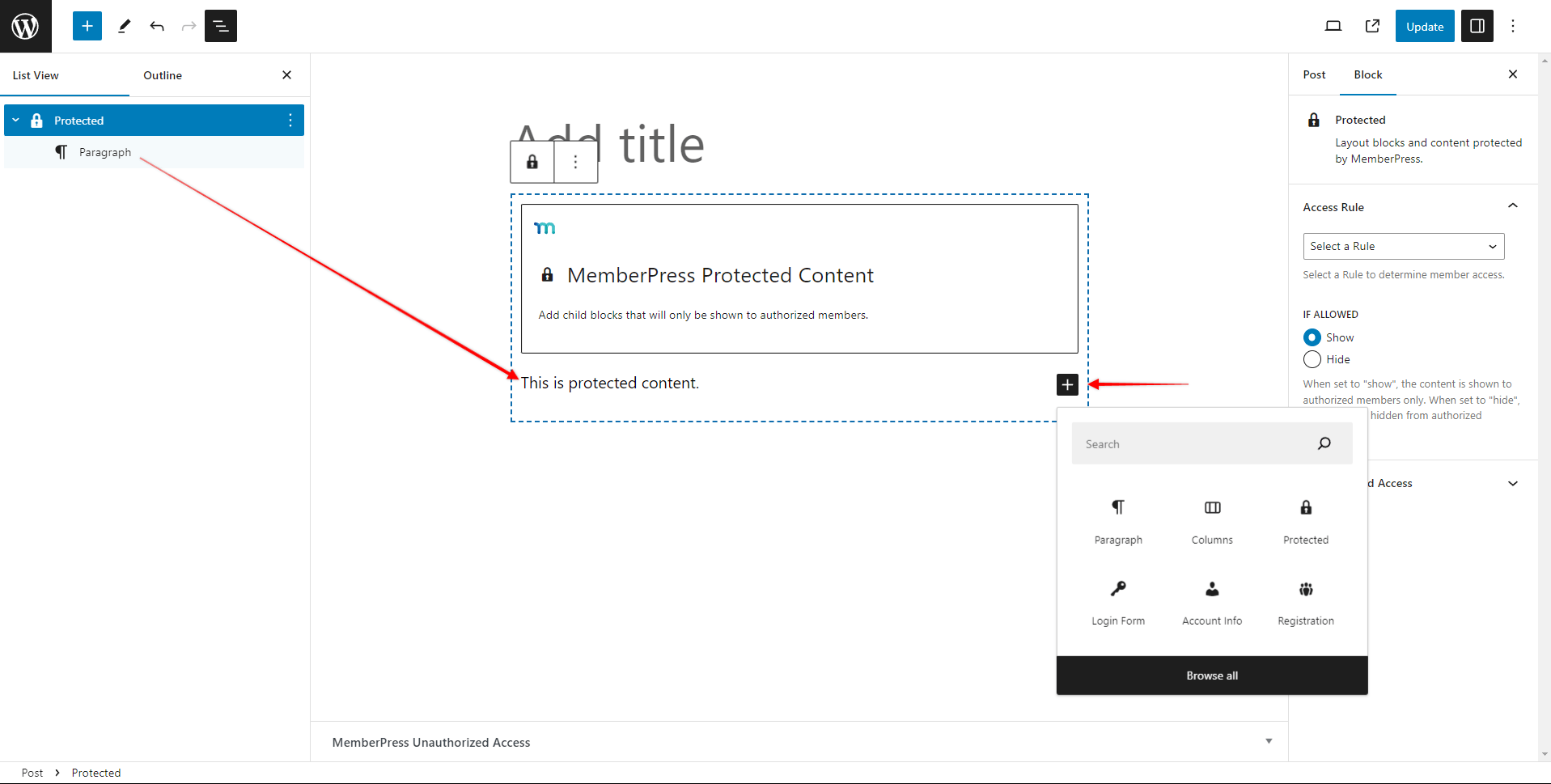 Add Blocks To Protected Content Block
