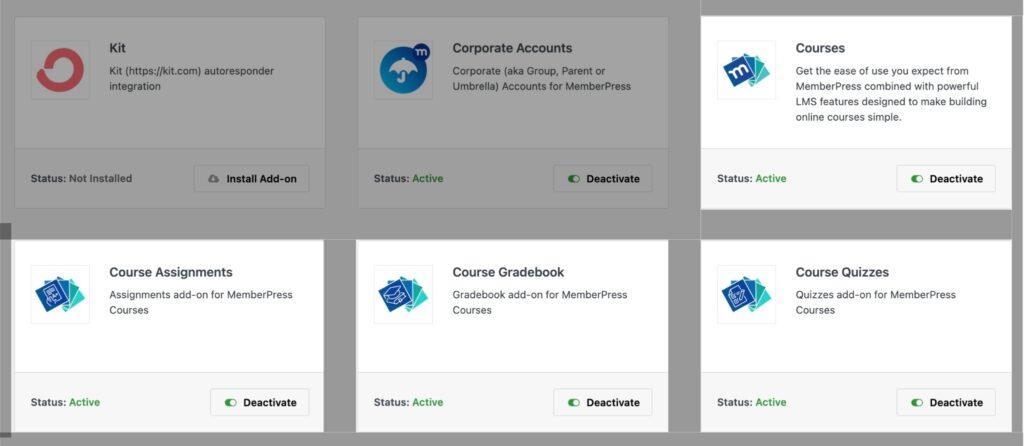 Courses add-ons activated in MemberPress