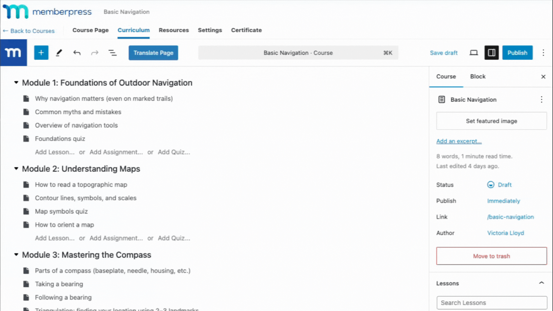 Gif showing the click and drag function of the MemberPress Courses online course builder
