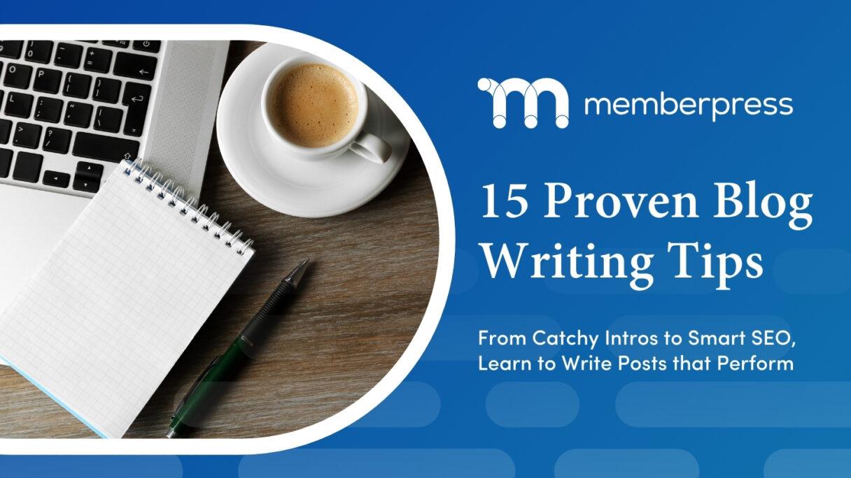 Blog Writing Tips title image showing a laptop, writing pad and cup of coffee
