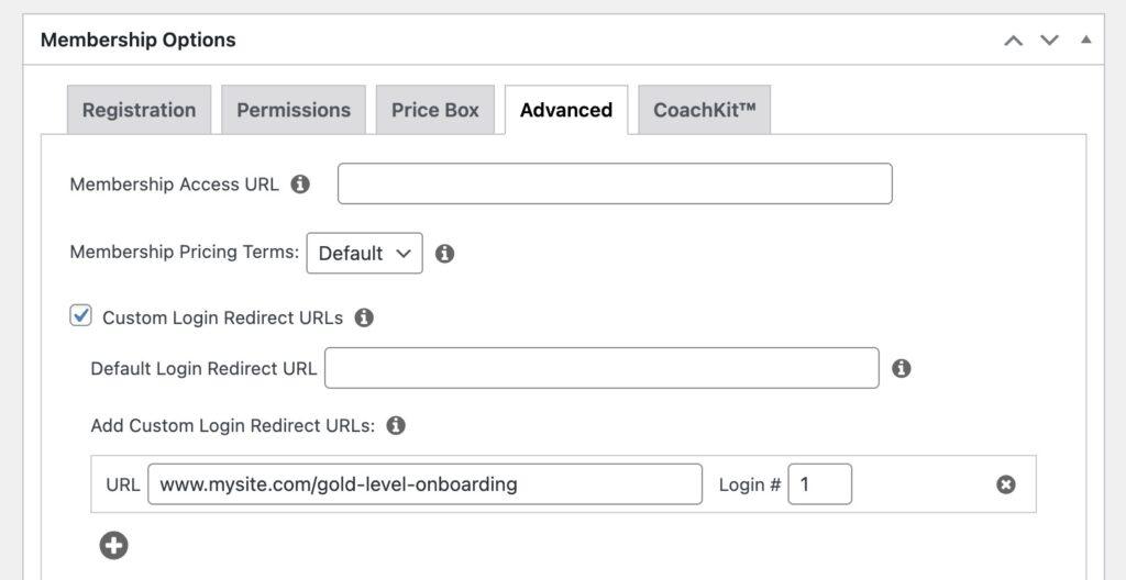 Screenshop showing Custom login redirects in MemberPress
