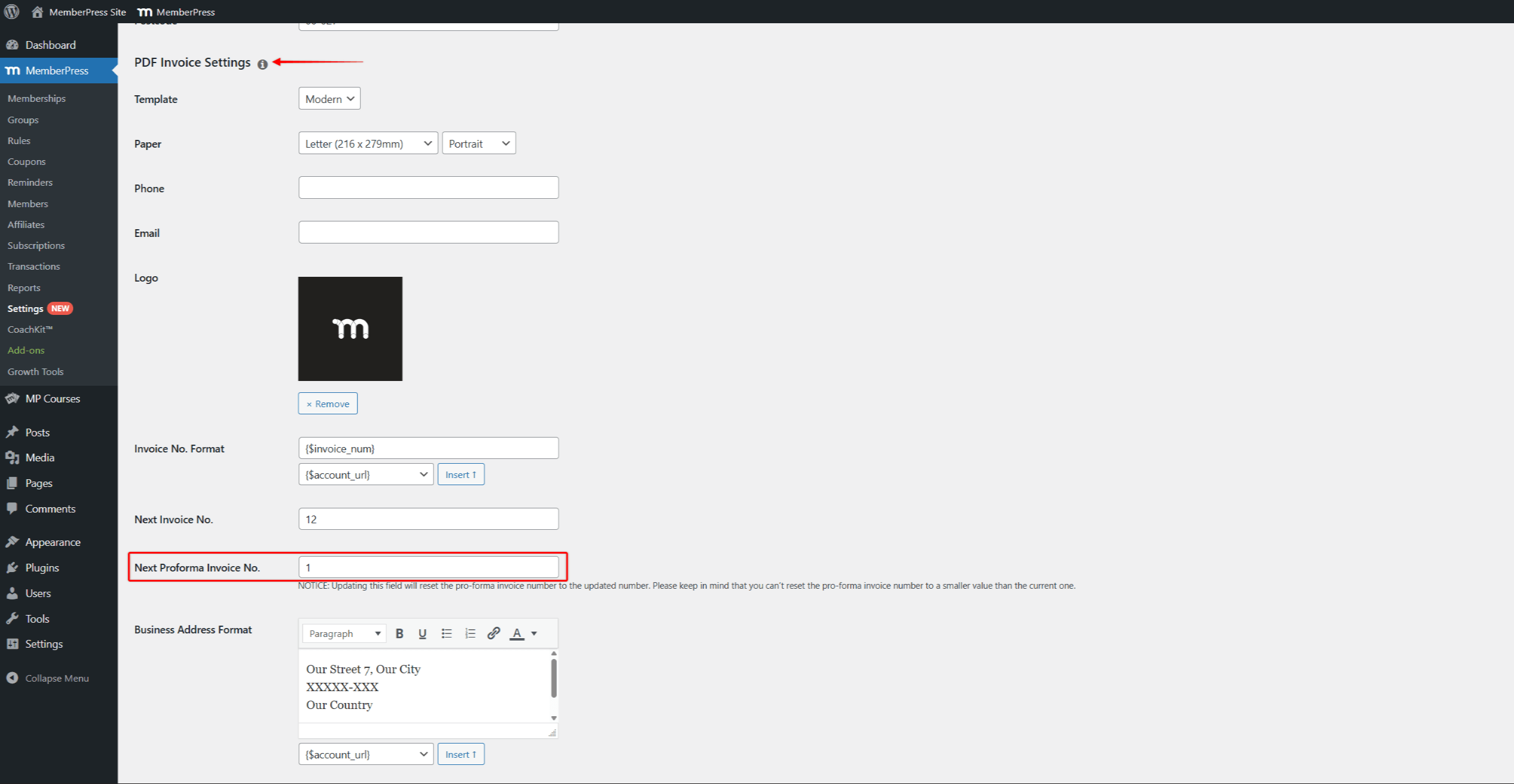 Next Proforma Invoice No.