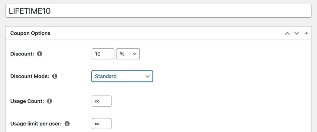 Screenshot of how to set up a 10% lifetime member discount coupon