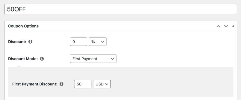 Screenshot of how to set up a $50 off member discount coupon for first payments