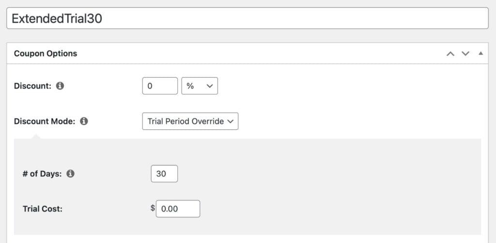 Screenshot of how to set up an extended trial membership coupon